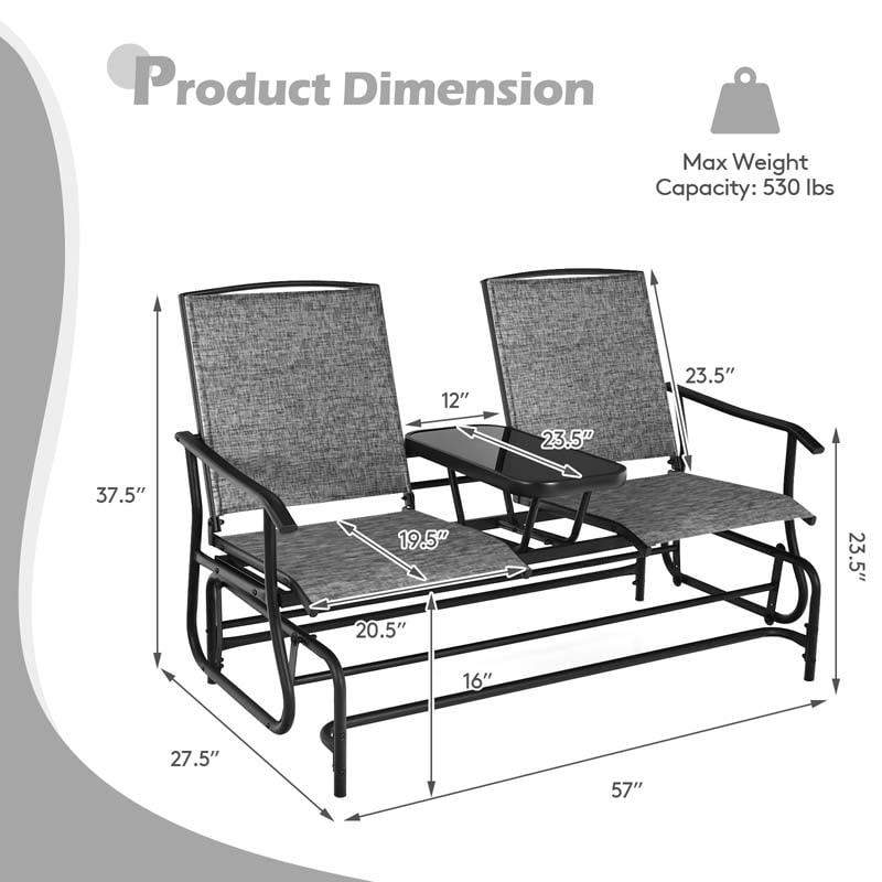 2-Person Outdoor Bench Glider Chair with Center Table, Mesh Fabric Rocking Loveseat for Patio