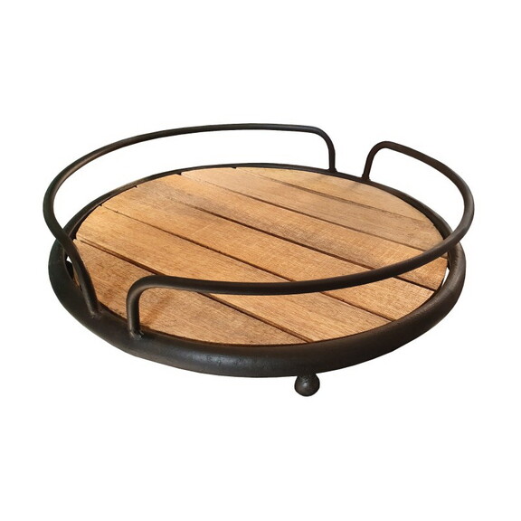 Round Tubular Metal Frame Tray with Plank Style Wo...