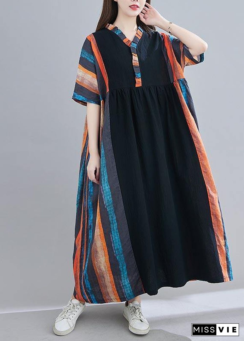 Women V Neck Patchwork Summer Dress Outfits Multicolor Striped Maxi Dress