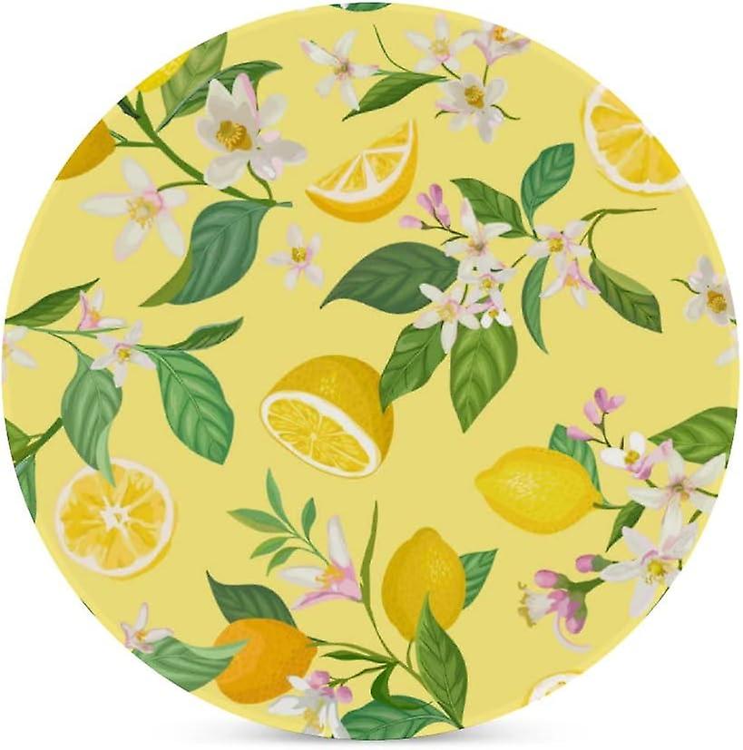 1pc Round Lemon With Tropical Leaves Flowers Ceramic Coasters With Cork-backed For Coffee Drink Cup Mat Absorbent Stone Coasters