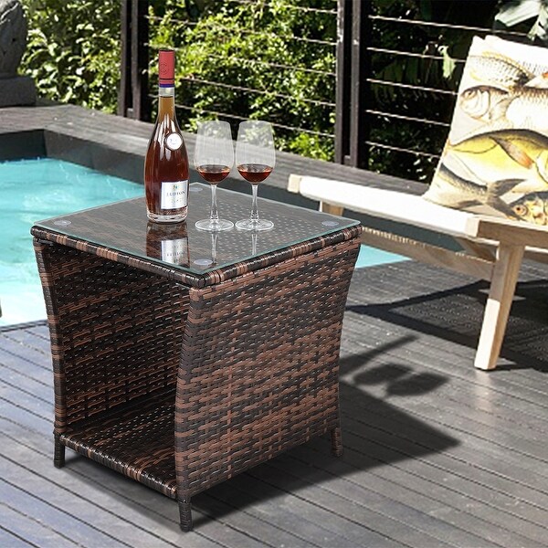 Glass Surface Iron Frame Rattan Fashionable Side Table