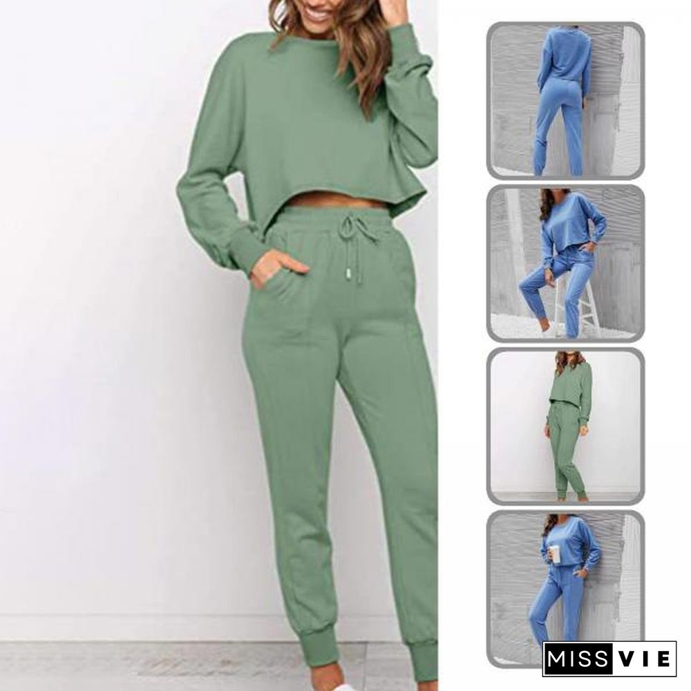 Useful Tracksuits Solid Color Quick Drying Two Piece Outfit Long Sleeve Crewneck With Pants