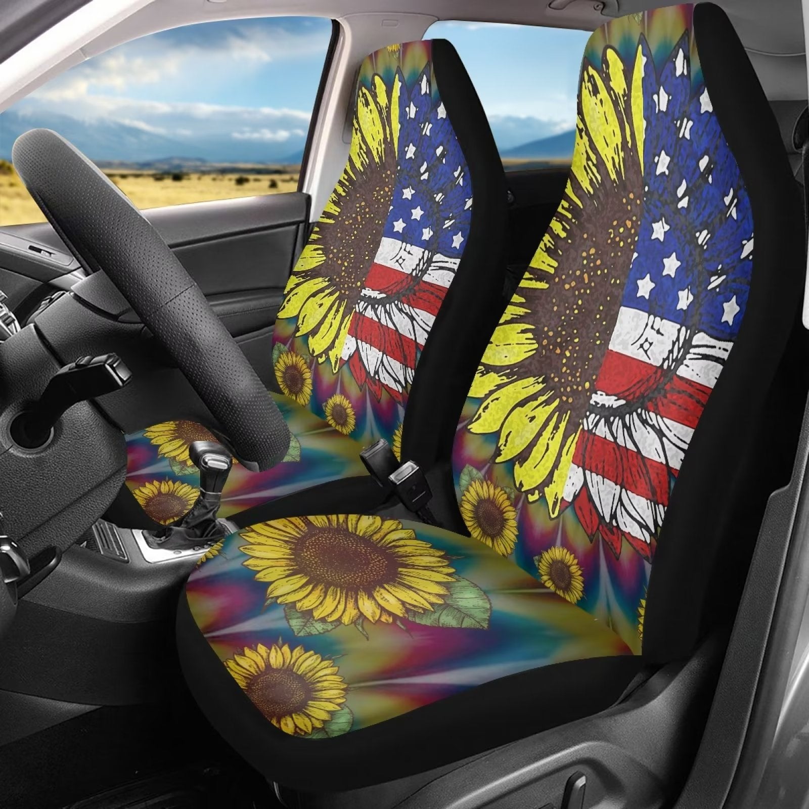 FKELYI Vintage Sunflower with American Flag Front Car Seat Covers for Women Men，Washable Saddle Blanket Auto Blanket Backrest Covers，2 Pcs，Universal for Auto Cars，Sedans，4 of July