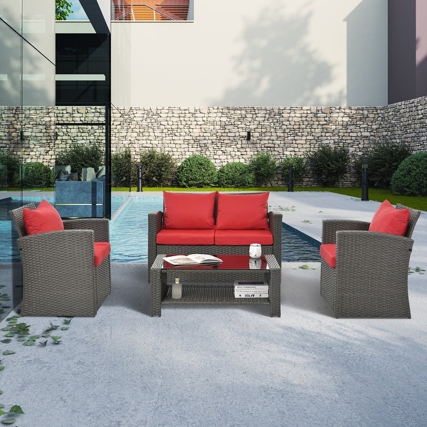 Outdoor Patio Furniture Rattan Outdoor Sofa Set Tempered Glass Table 4 Pillows Shelves Storage Waterproof Fabric