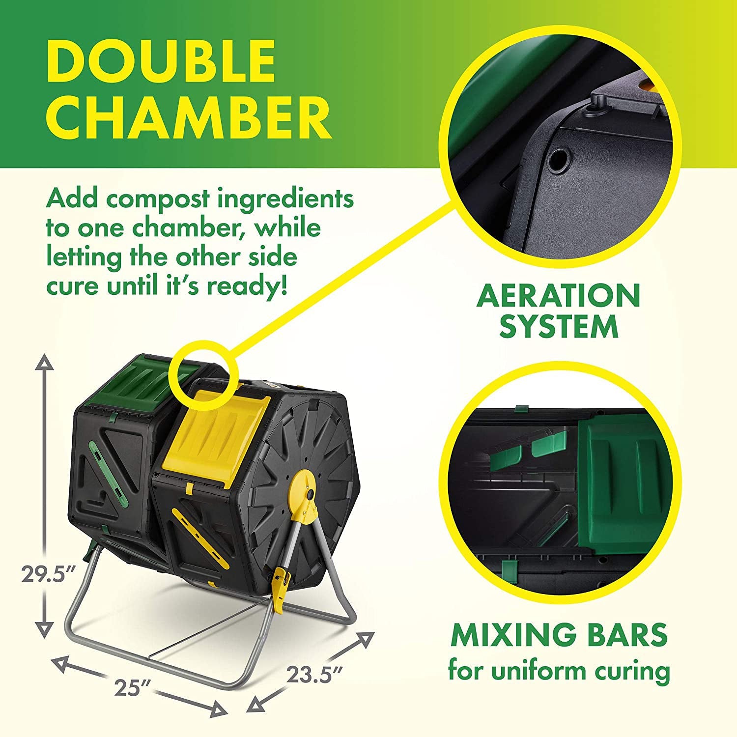 ASSJ Dual Chamber Compost Tumbler – Easy-Turn, Fast-Working System – All-Season, Heavy-Duty, High Volume Composter with 2 Sliding Doors - (2 – 18.5gallon /70 Liter)