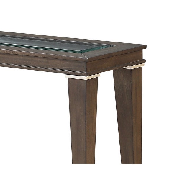 Wood and Glass Side Table with Cut Out Design， Brown - 25 H x 26 W x 14 L Inches