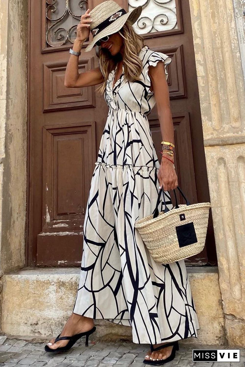 White Abstract Vein Print V Neck Ruffle Maxi Dress