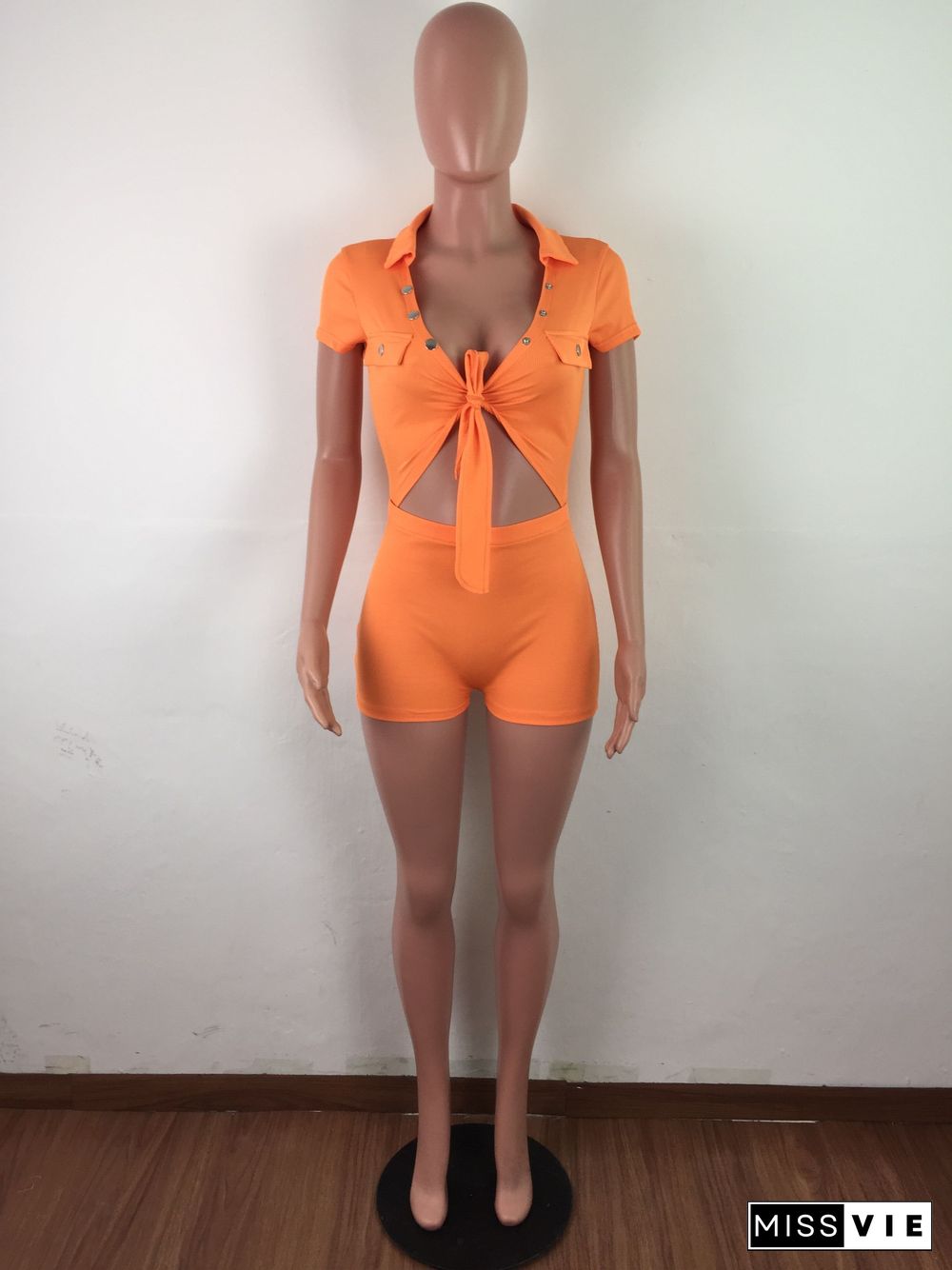 Button Bandage Hollow Out Dew Waist Romper With Mask