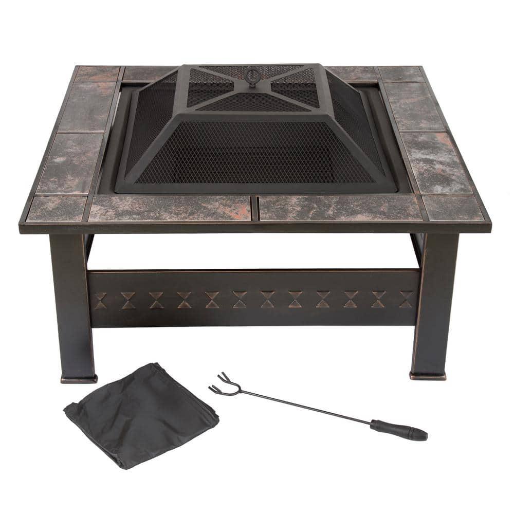 Pure Garden 32 in Steel Square Tile Fire Pit with Cover