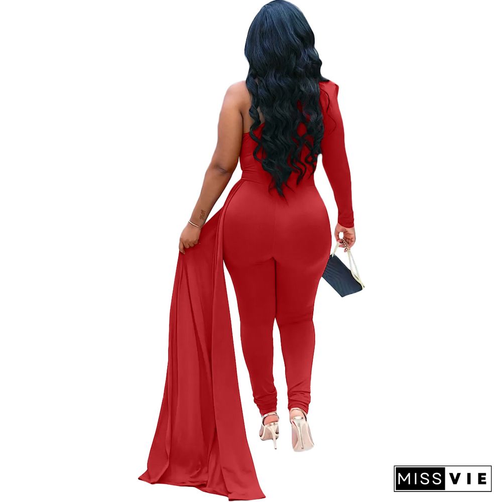 One Shoulder Long Sleeve Skinny Party Jumpsuits