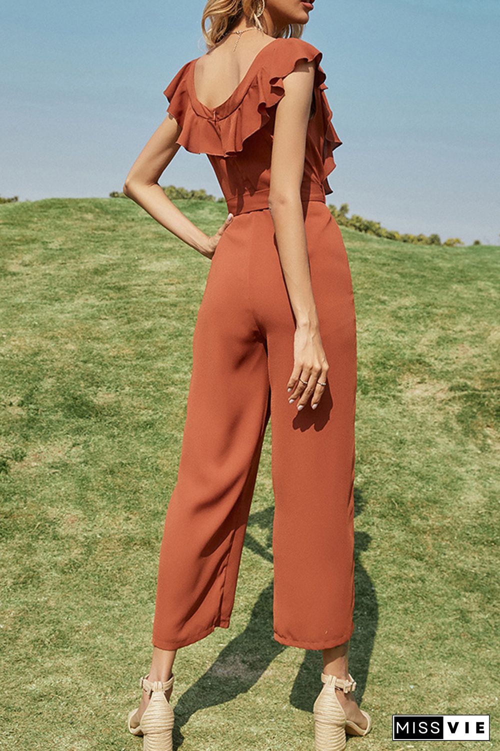 Fashion Elegant Solid Split Joint Flounce With Belt O Neck Straight Jumpsuits