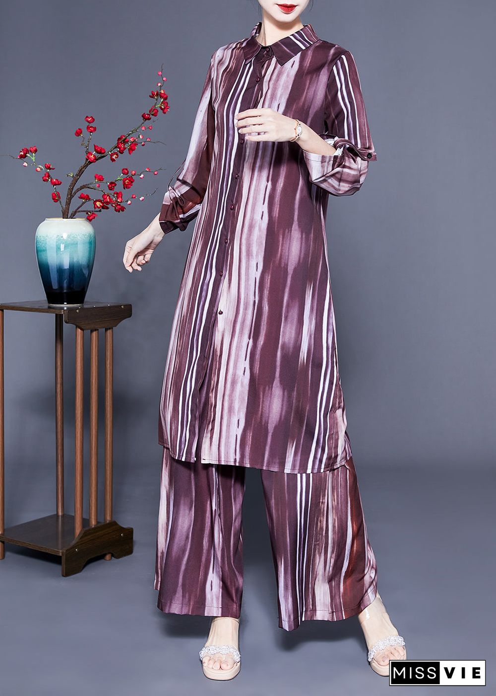 Plus Size Brown Peter Pan Collar Tie Dye Silk Long Shirt And Straight Pants Two Pieces Set Spring