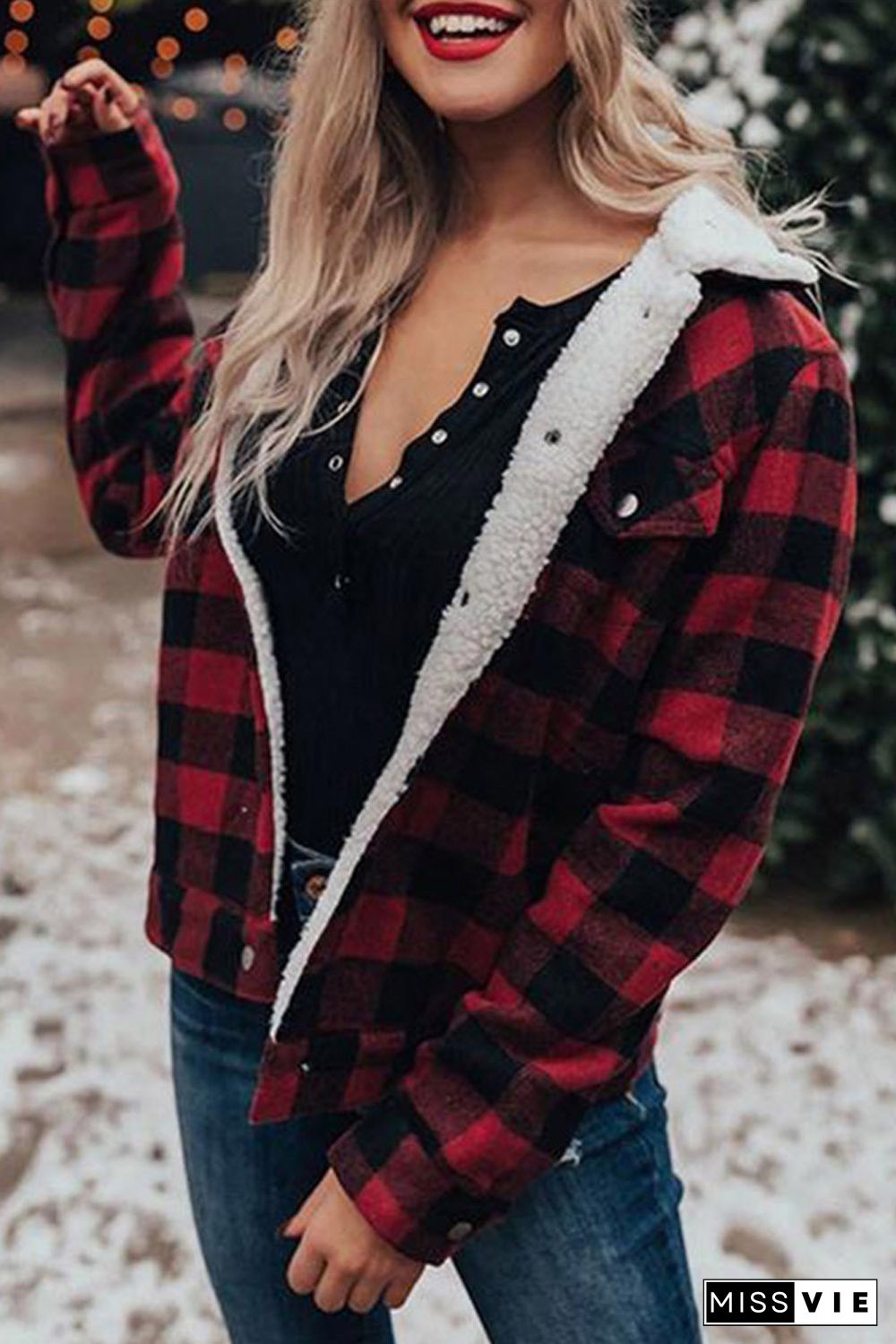 Red Plaid Print Fleece Button Jacket