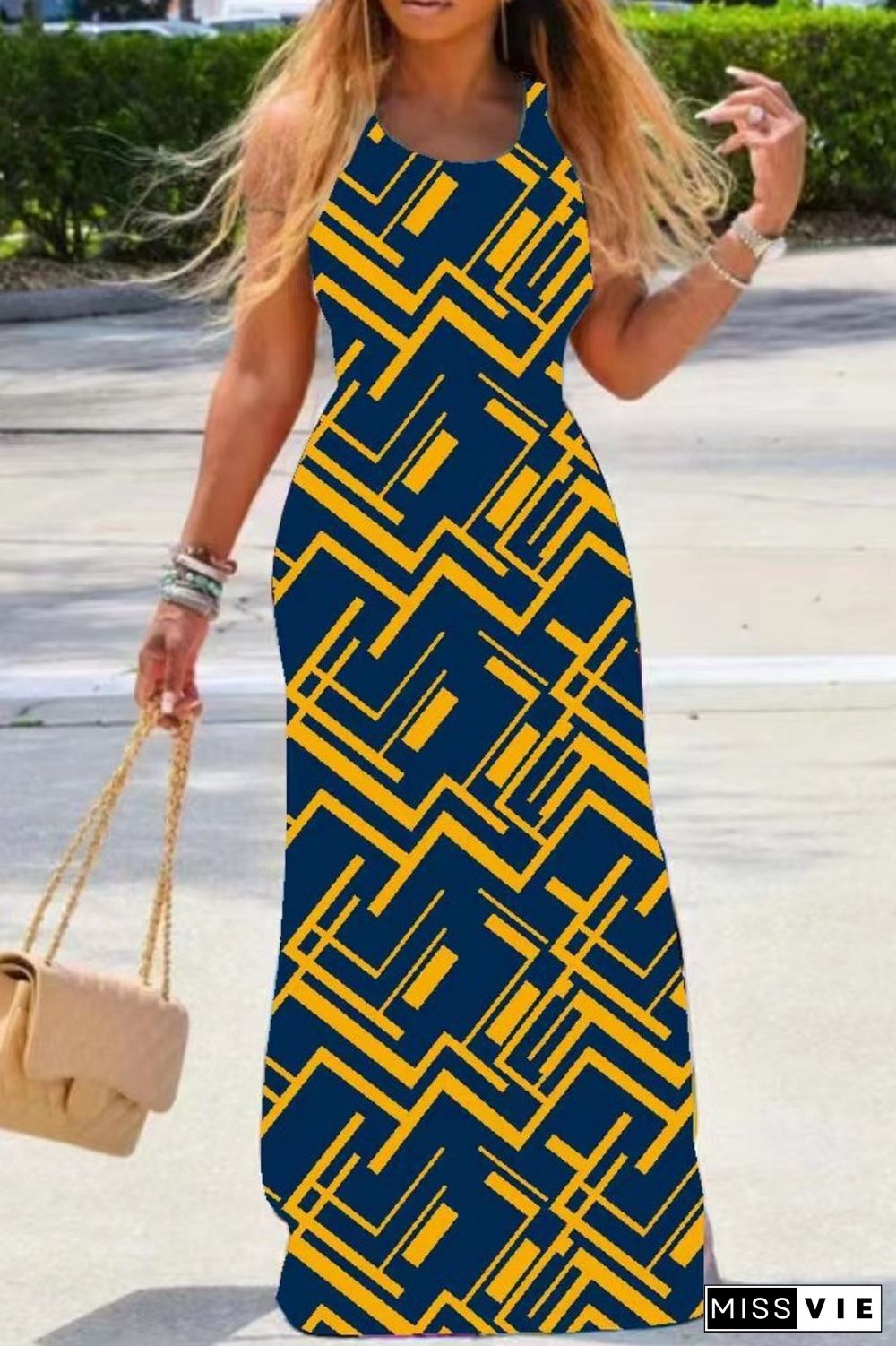 Colour Casual Print Basic O Neck Long Dress Dresses