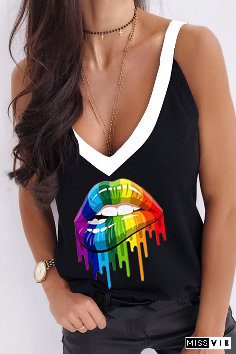 Lip Printed Deep V-Neck Tank Top