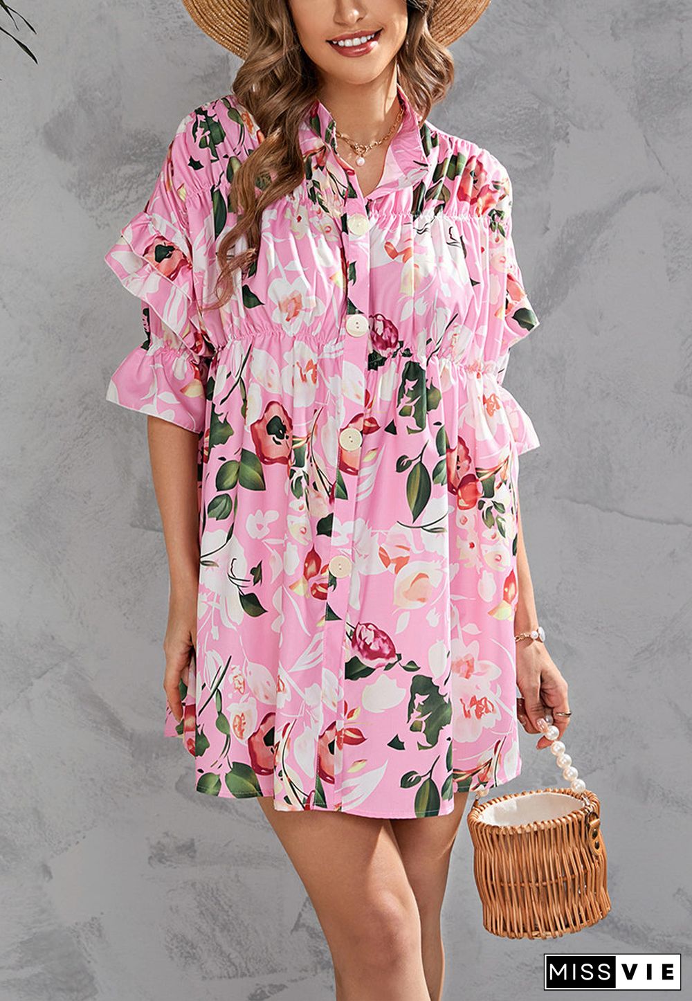 Printed Front Down Button Dress