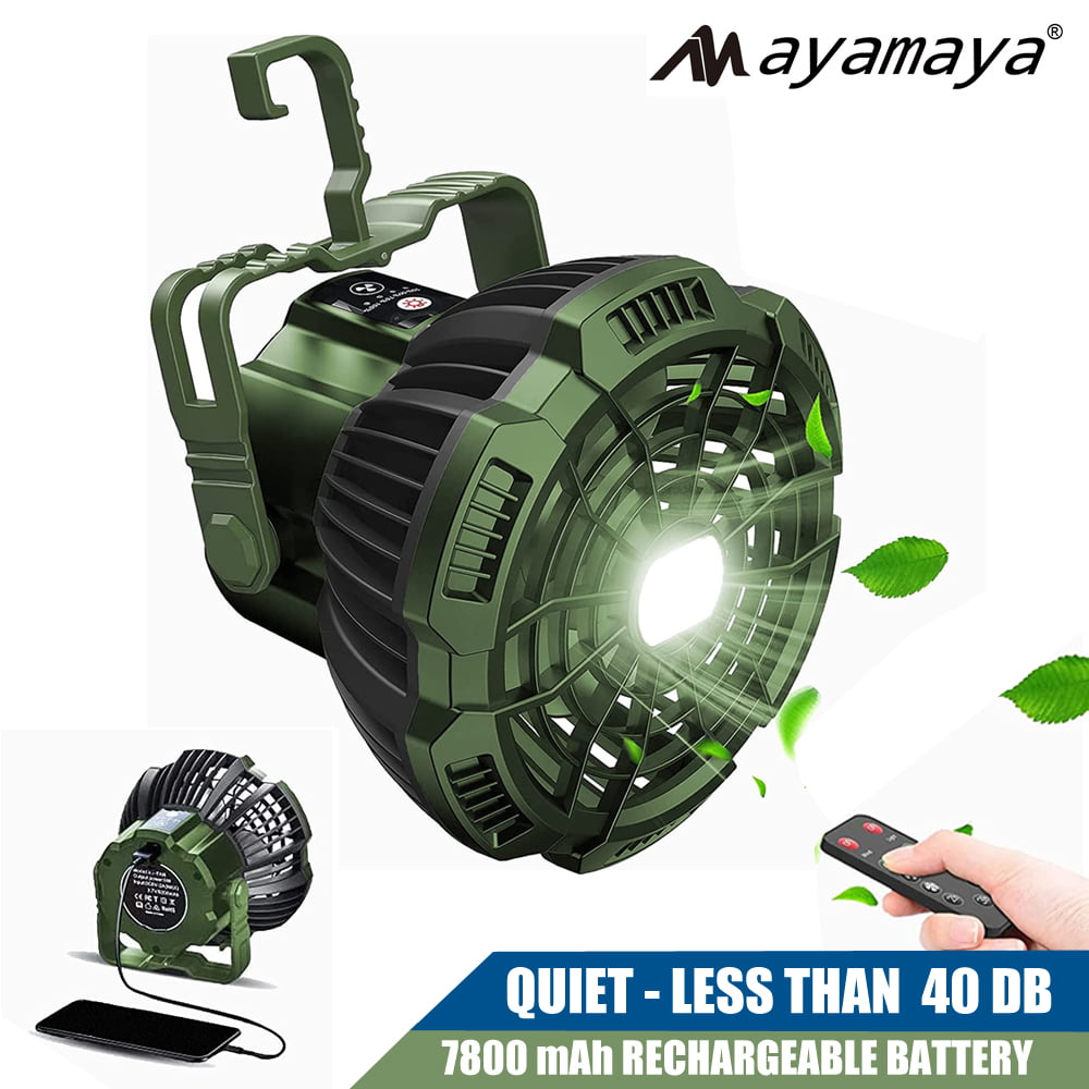 Rechargeable Camping Fan with LED Light & Remote Control, AYAMAYA 7800mAh  Portable LED Lantern Tent Fan, USB Tent Fans for Camping Car Emergency Power Bank, Desk Ceiling Fan (Green)