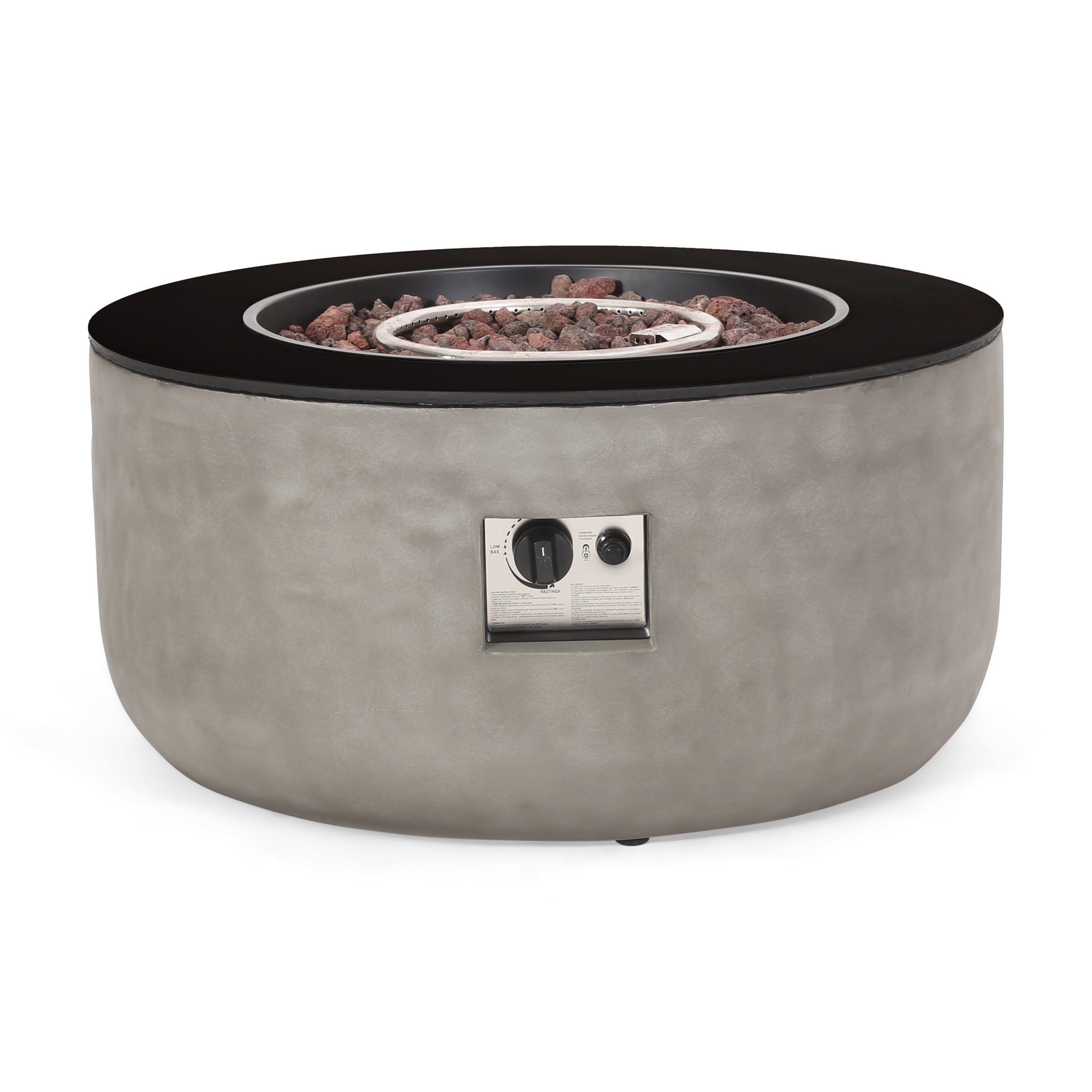 Riga Outdoor 50,000 BTU Lightweight Concrete and Ceramic Circular Fire Pit (No Tank Holder), Light Gray and Black