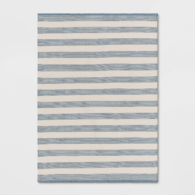 Rectangular Hand Made Woven Outdoor Rug Striped Ivory blue Designed With Studio Mcgee