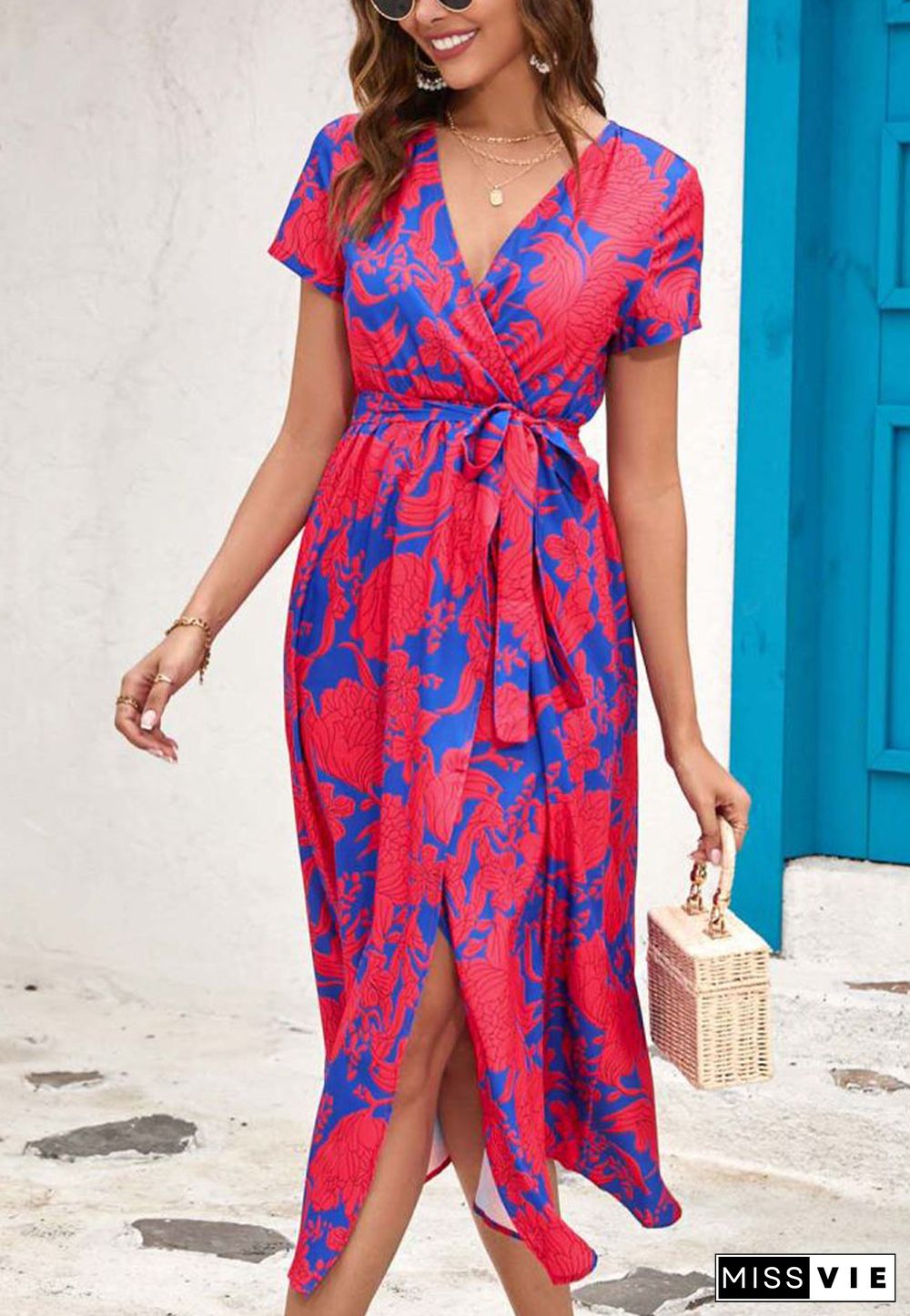 Printed Surplice Neck Midi Dress