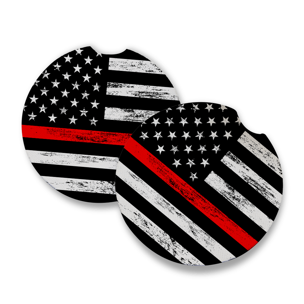 Thin Red Line | Car Coasters for drinks Set of 2 | Car Coaster measures 2.56 inches with rubber backing.