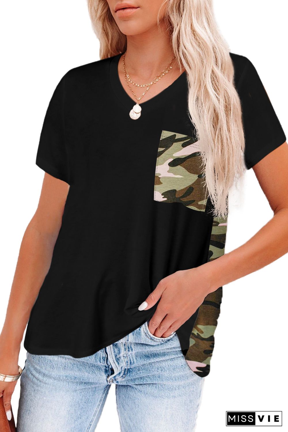 Black Women's Casual Camo Printed Splicing Pullover Pocket T-shirt