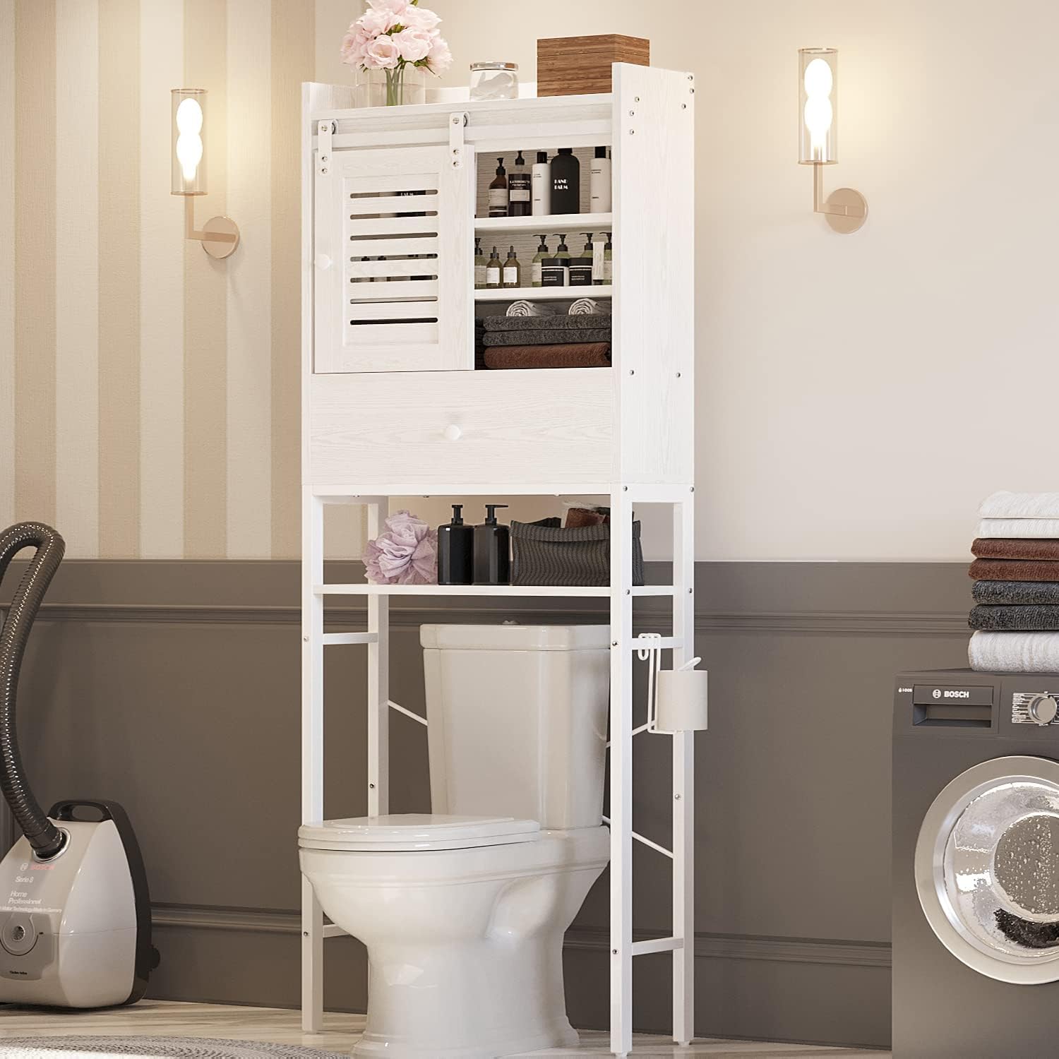 Storage Rack Over Toilet Bathroom Organizer Shelves with Cabinet and Drawer