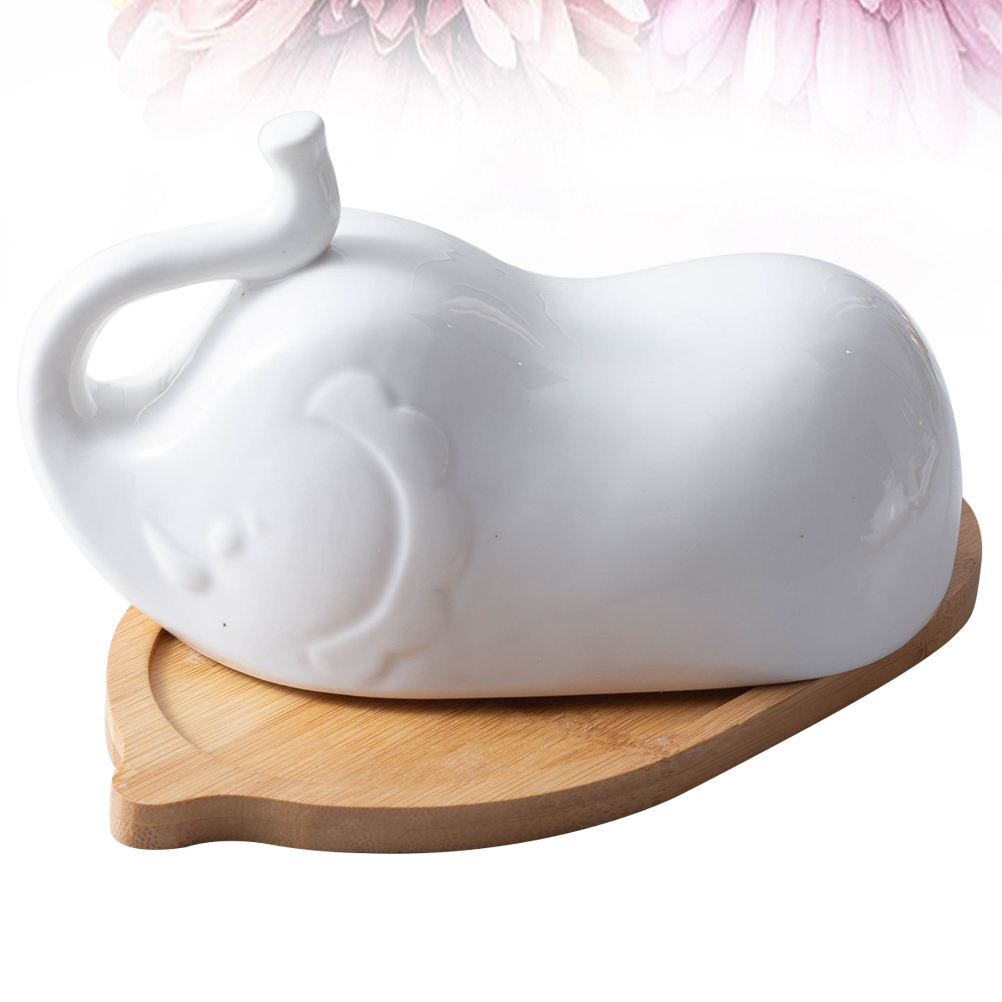 Elephant Shape Butter Dish with Ceramic Lid Simple Wooden Plate Household Tableware for Home Hotel