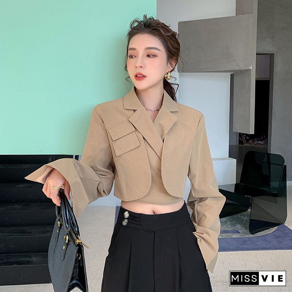 Fall Fashion Unique Design Sexy Blazer Women Long Sleeve Pocket Khaki Short Jacket Korean Slim Solid Green Lady Outwear New