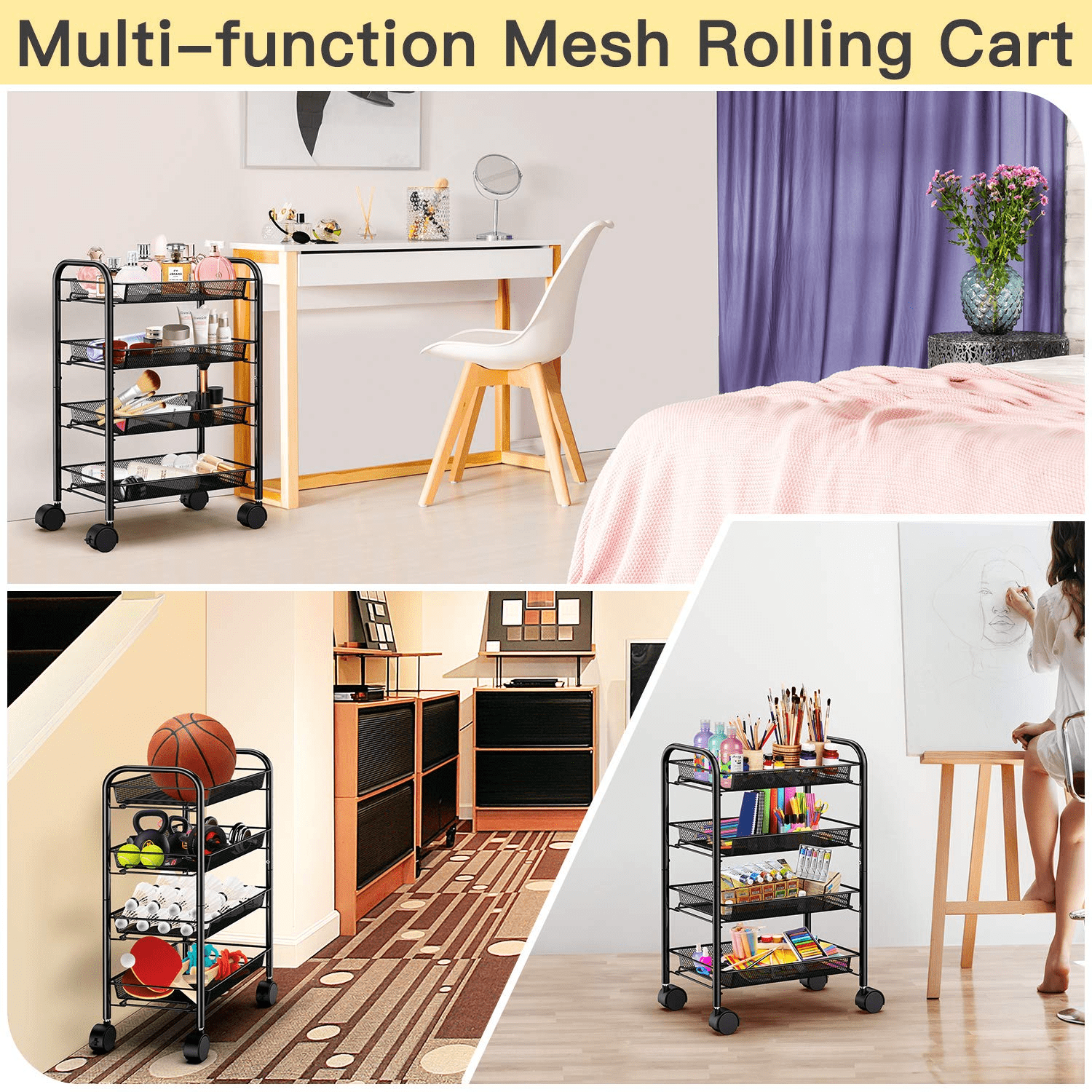 4 Tier Metal Mesh Rolling Utility Cart Storage Cart Kitchen Cart  for Home Kitchen Organizer， Black