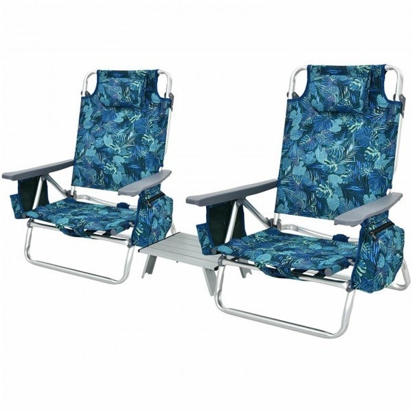 2Pack 5-Position Outdoor Folding Beach Table Chair Reclining Chair Set - Overstock - 35911043