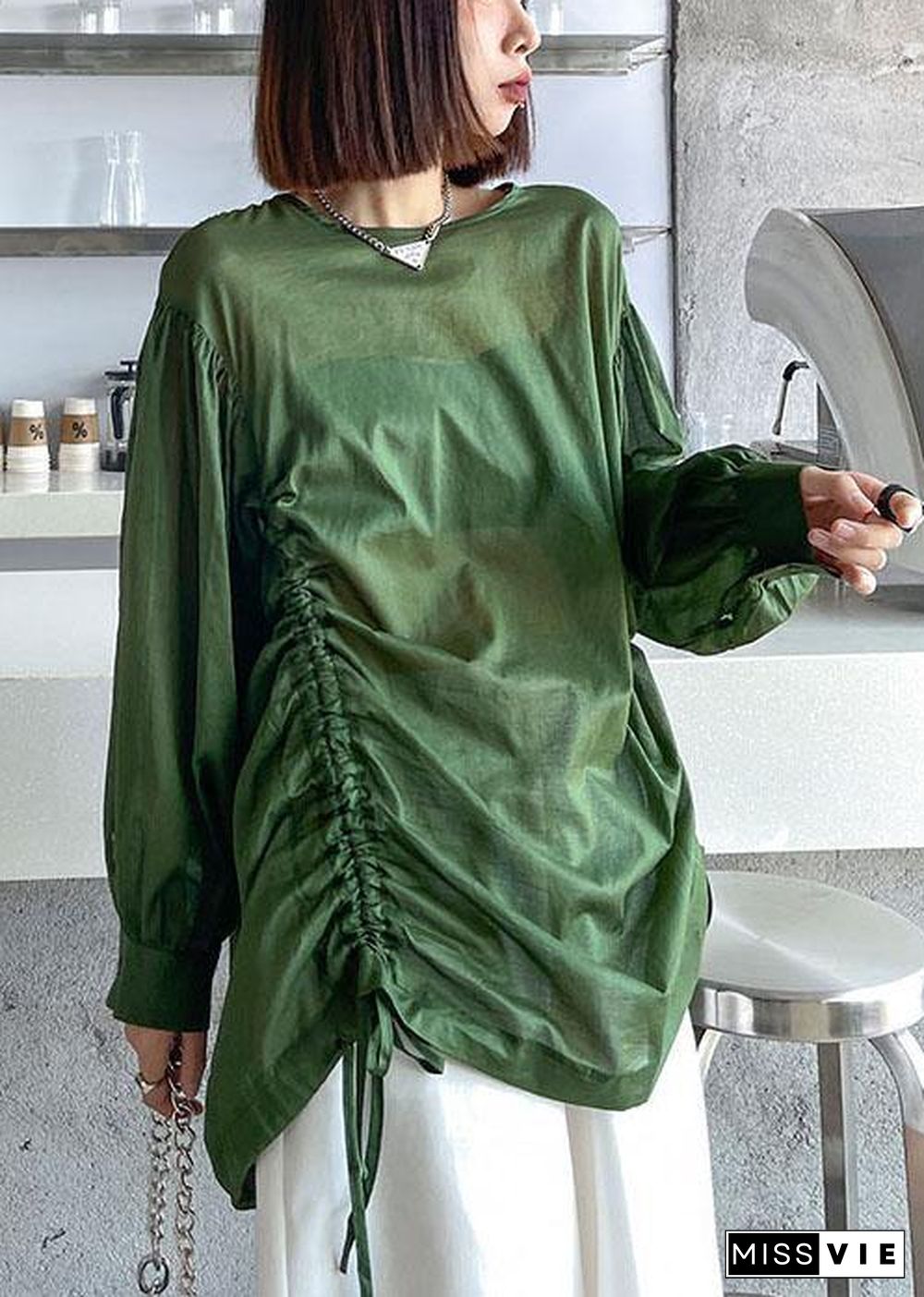 French Green Cinched Long sleeve shirts