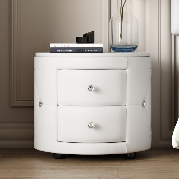 Elegant PU Nightstand with 2 Drawers and Crystal H...