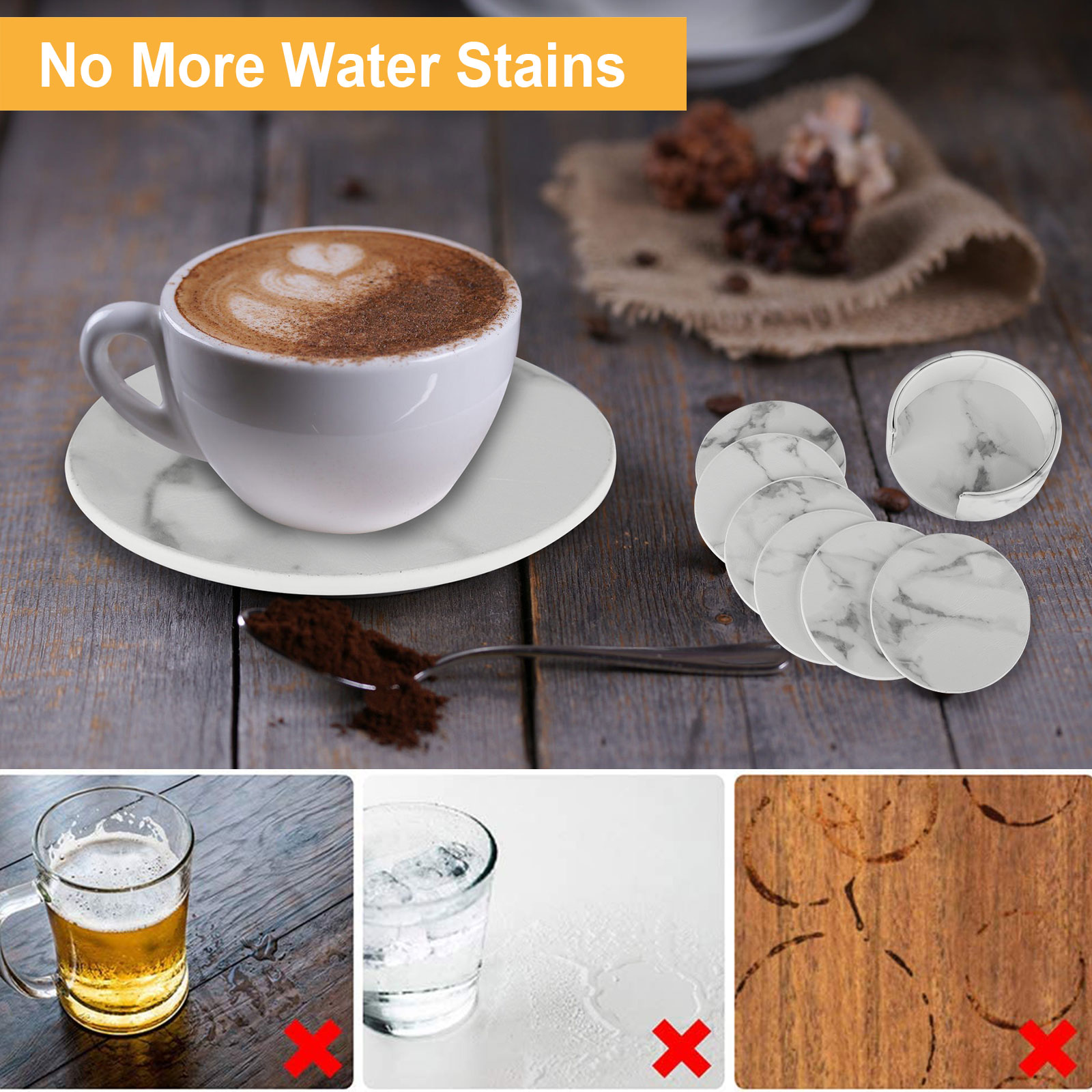 6pcs Leather Coasters， EEEkit Coasters for Drinks with Holder， Ceramic Stone Coasters with Marble Design， Round Cup Mat Pad Protects Furniture from Water Marks Scratch or Damage