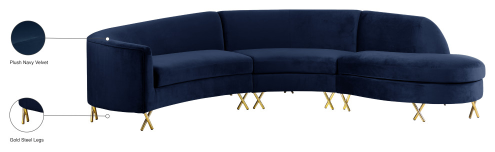 Serpentine Velvet 3 Piece Sectional   Contemporary   Sectional Sofas   by Meridian Furniture  Houzz