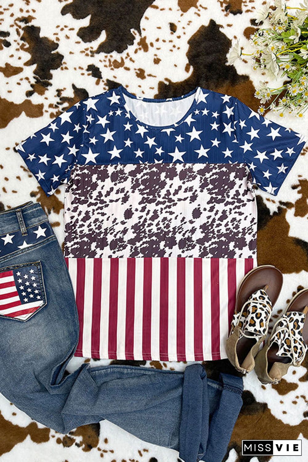 Blue Western Flag Print Patchwork T-shirt