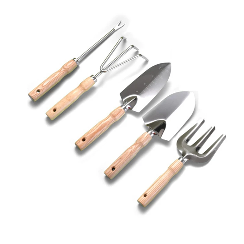 Heavy Duty 5 Pieces Stainless Steel Head Wooden Handle Gardening Tool Set For Home And Garden