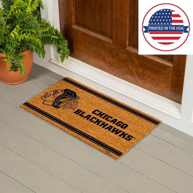 Evergreen Chicago Blackhawks Logo Turf Mat Brown 28 X 16 Inches Indoor Outdoor Doormat