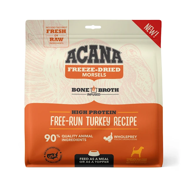 ACANA Grain Free High Protein Fresh and Raw Animal Ingredients Free-Run Turkey Recipe Freeze Dried Morsels Dog Food， 8 oz.