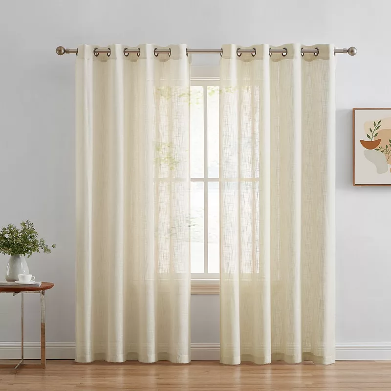 THD Serena Faux Linen Textured Semi Sheer Privacy Sun Light Filtering Transparent Window Grommet Long Thick Curtains Drapery Panels for Bedroom and Living Room， Set of 2