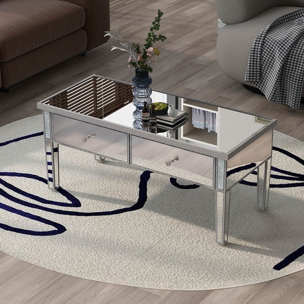 Modern Glass Mirrored Coffee Table with 2 Drawers， Cocktail Table with Crystal Handles and Adjustable Height Legs