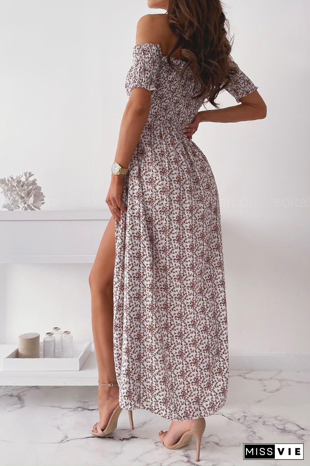 Elegant Floral Slit Fold Off the Shoulder Waist Skirt Dresses