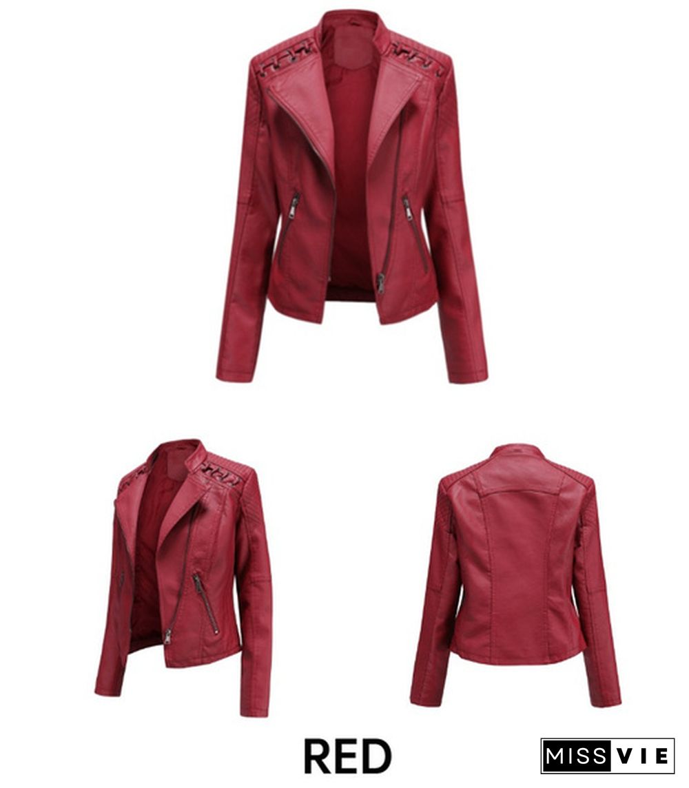 High-quality Fashion Ladies Zipper Casual PU Leather Soft Motorcycle Leather Jacket Coat