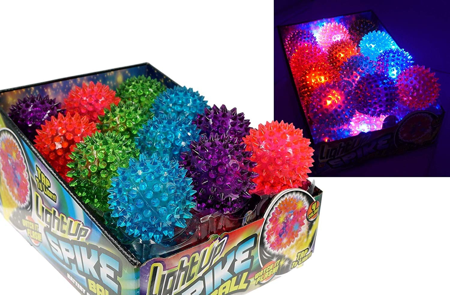 Light Up Spike Rubber Ball ( Pack of 4 ) Strobe Flashing Lights Soft Colorful Cool Bouncy Stress Ball Fidget Ball Toys . Great Party Favor in Bulk . Therapy Balls 2 . 5 Inch . Plus 1 Sticker. | 69