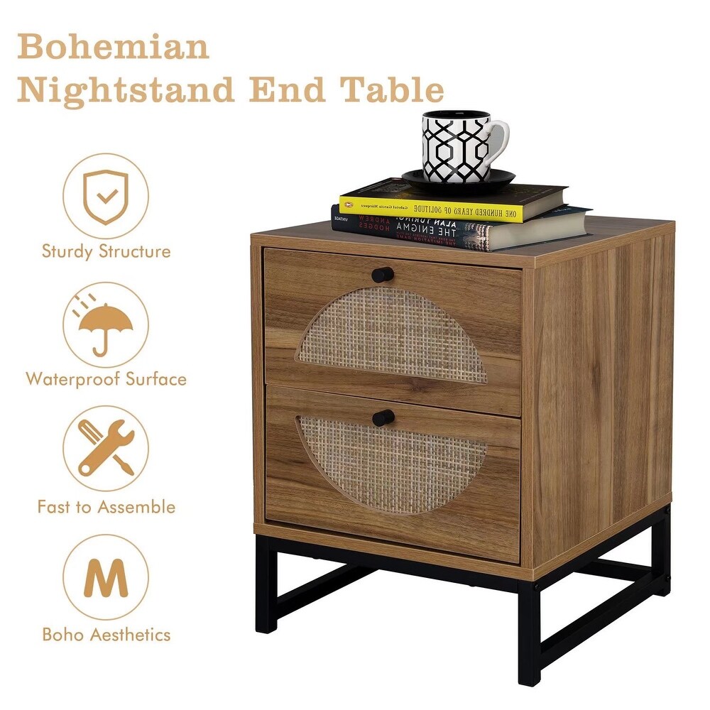 Modern Minimalism Nightstand  Bohemian Wood Bedside Table with Woven Rattan Drawers  Sofa Side Table  Rustic Farmhouse End Table