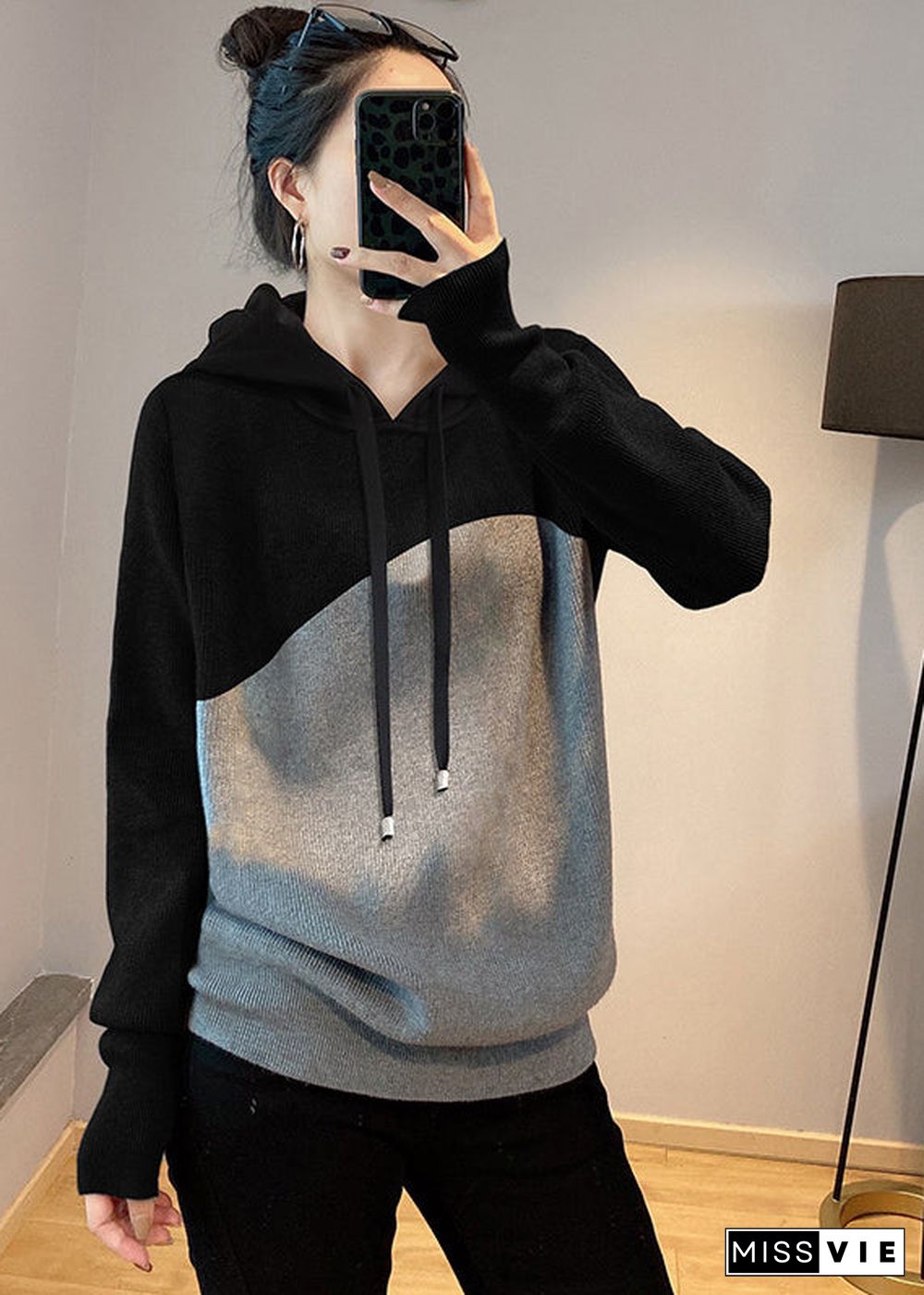 Casual Black Grey drawstring Hooded Patchwork Knit Sweatshirts Top Spring