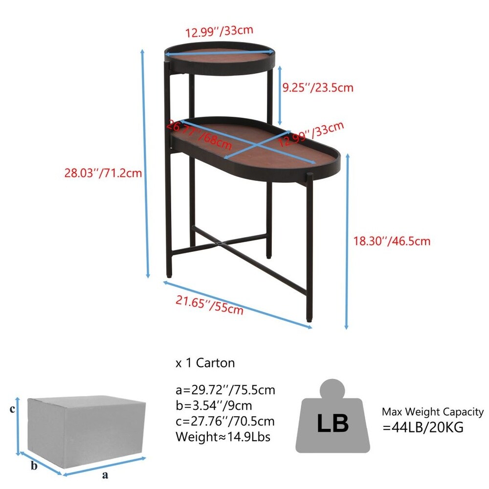 Modern 2 Layer Side Table Brown Tray Top Metal Frame Living Room Cafe