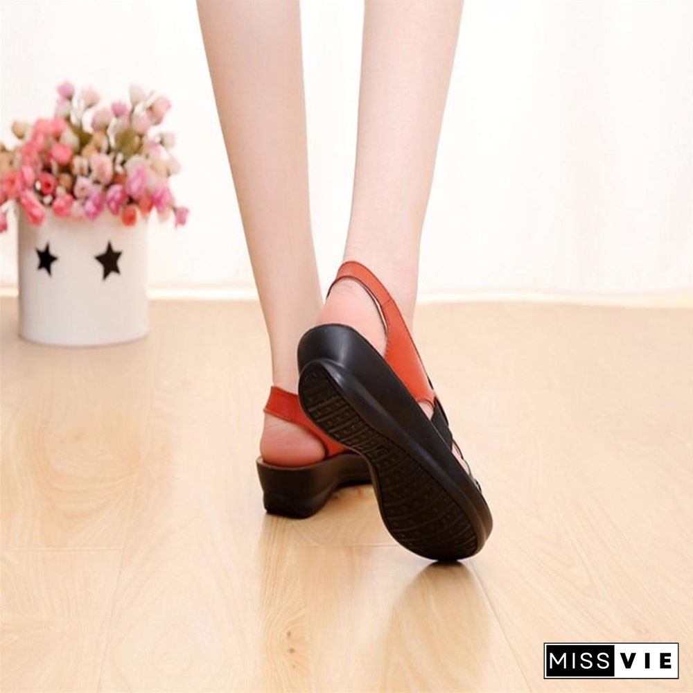 Women Slip-On Leather Sandals Peep Toe Soft Slippers Flat Shoes