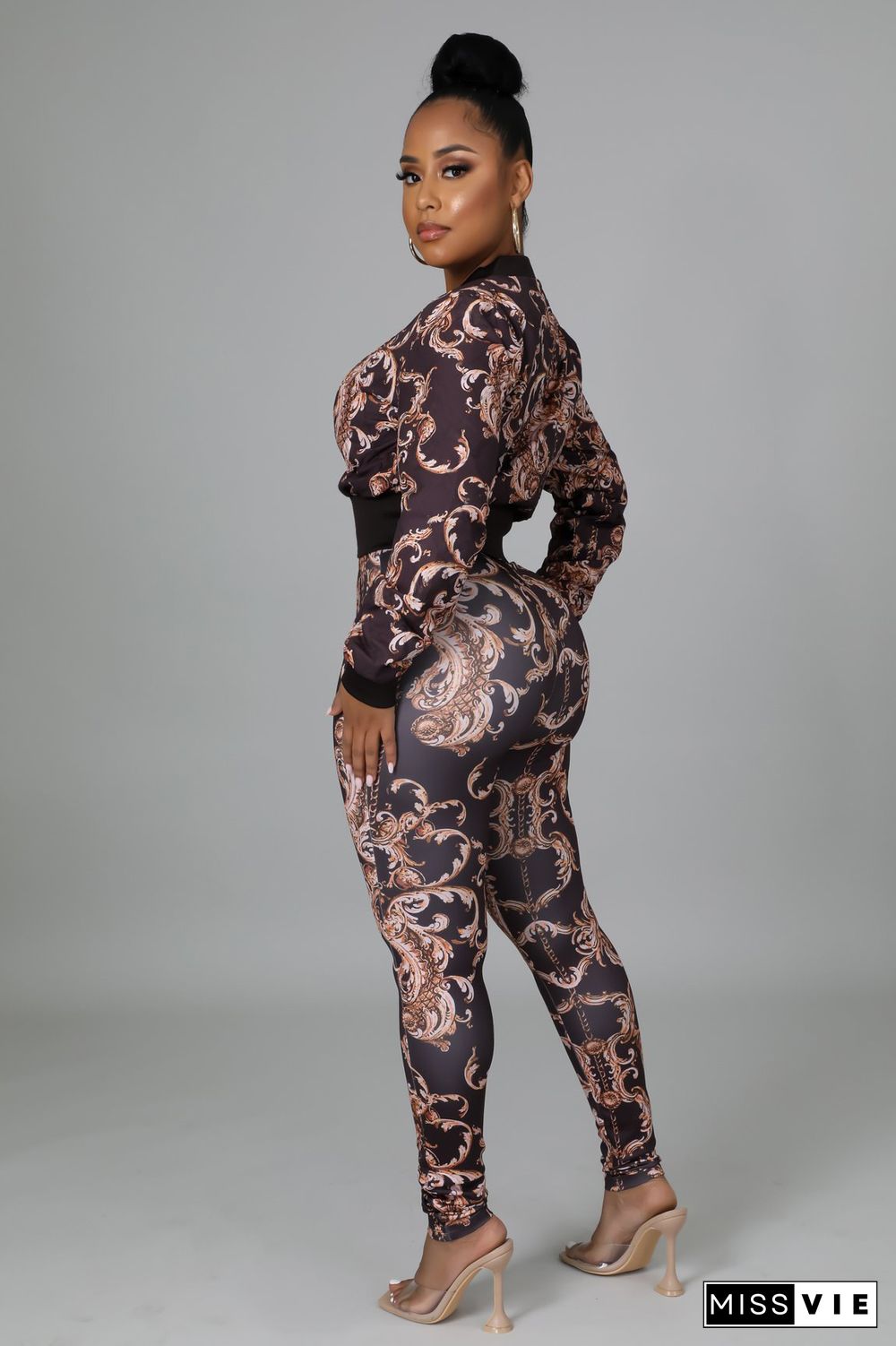 Printed Long Sleeve Zipper Jacket And Pant Suits