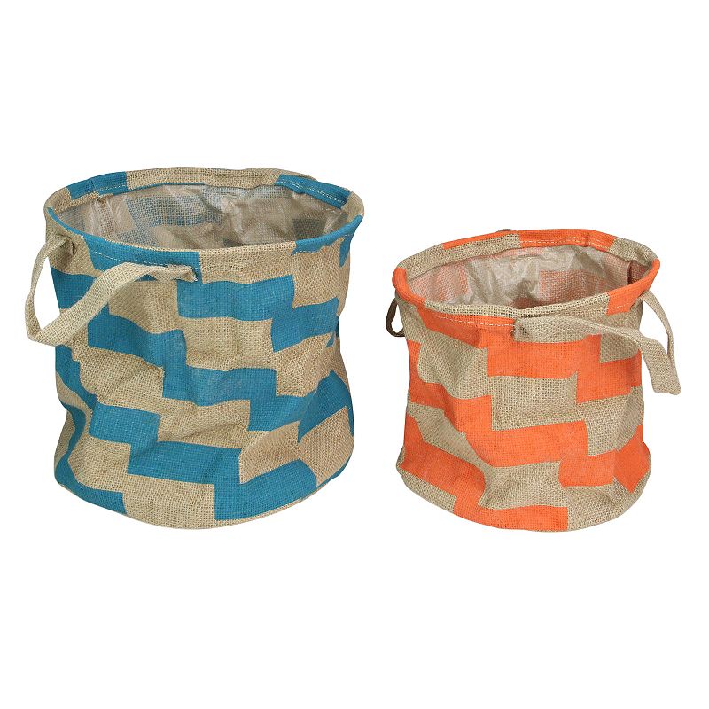 Set of 2 Orange and Teal Burlap Baskets With Handles 12